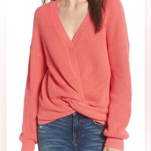 BP. Twist Front Waffle Knit Cotton Pullover V-Neck Coral /Salmon Sweater Size L